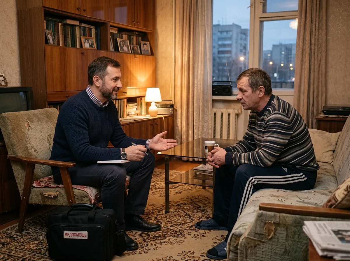 Врач-нарколог в гражданской одежде приходит к пациенту домой в Воронеже, профессиональная медицинская помощь, спокойная домашняя обстановка, вечернее мягкое освещение