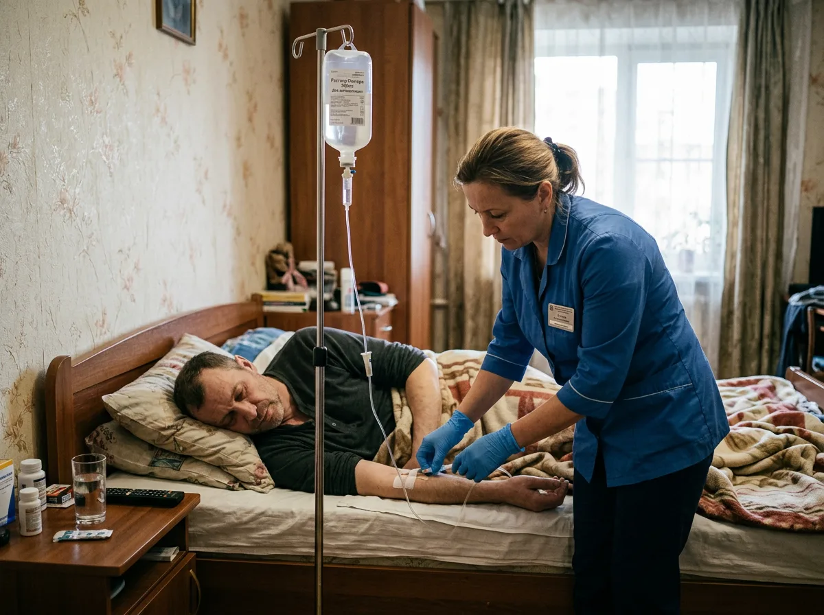 Врач-нарколог ставит капельницу пациенту в постели для вывода из запоя дома, Воронеж, медицинская процедура детоксикации, спокойная домашняя обстановка