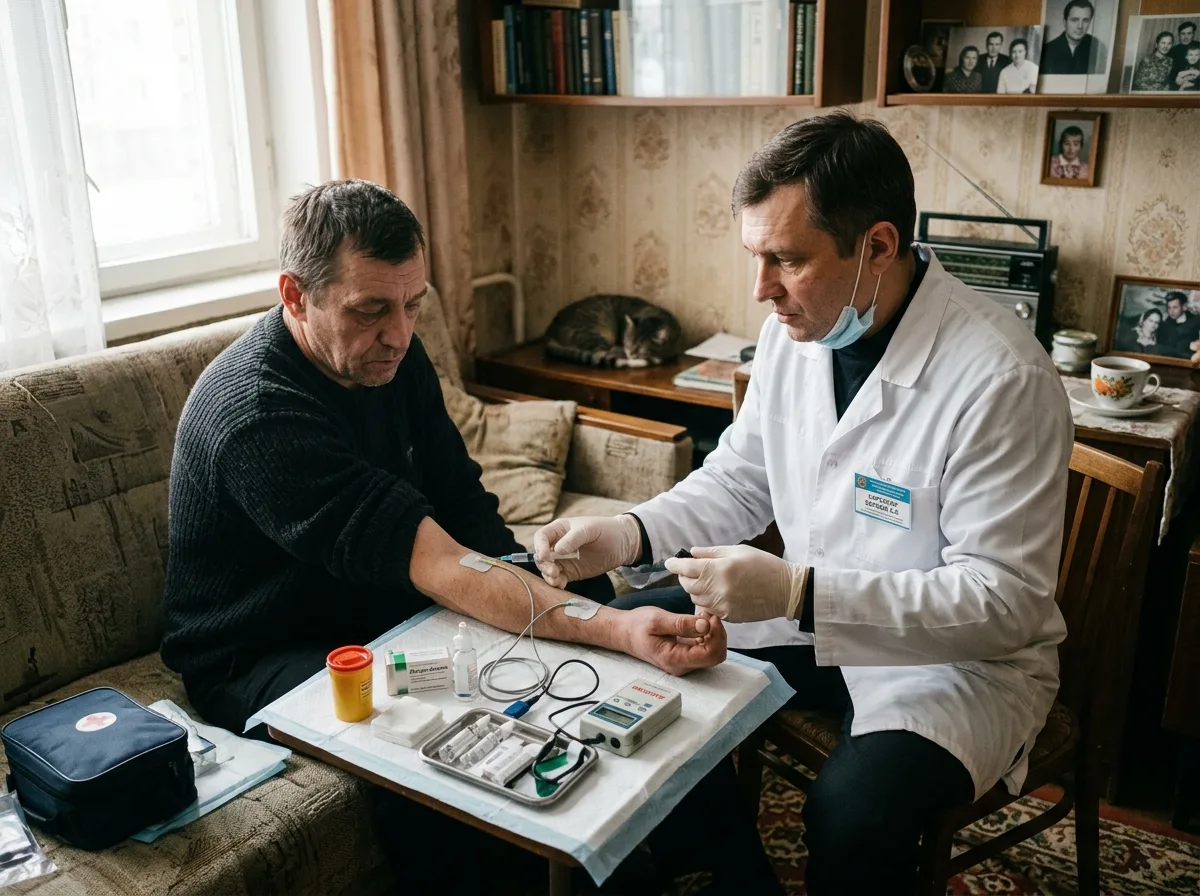 Кодирование от алкоголизма на дому — врач-нарколог проводит процедуру пациенту в домашней обстановке, серьёзный деловой тон, медицинские материалы
