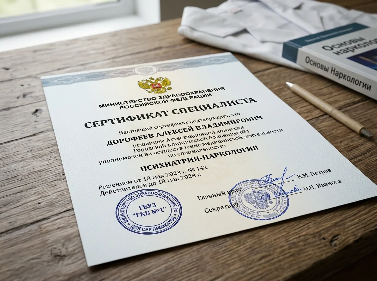 Сертификат специалиста психиатра-нарколога — официальный документ, подтверждающий квалификацию врача, печати медицинского учреждения