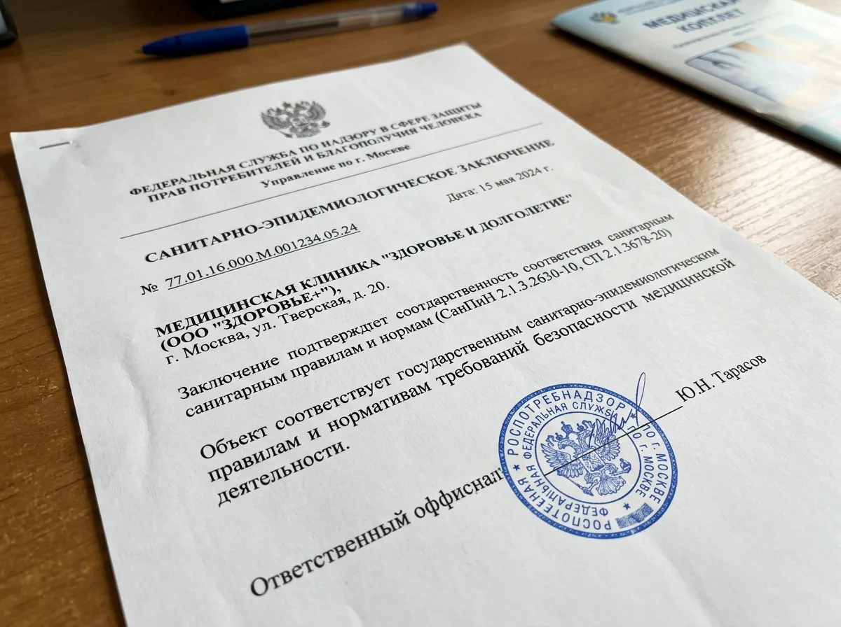 Документ СанПиН — санитарно-эпидемиологическое заключение клиники, официальная печать Роспотребнадзора, соответствие требованиям безопасности